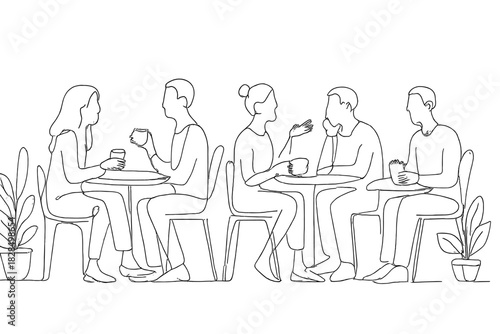 Minimalistic Café Scene. City café life. Minimalistic one-line drawing people sitting at outdoor tables with