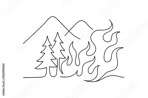 Minimalist Wildfire Art. Wildfire. Minimalistic one-line drawing trees and mountains with flowing flame lines