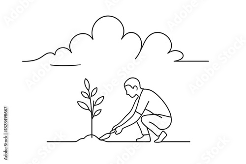 Planting Hope Amid Storm. Climate resilience. Minimalistic one-line drawing a person planting a tree amid