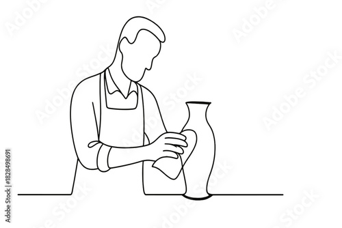 Minimalist Craftsman Artistry. Refined craftsmanship. Minimalistic one-line drawing a craftsman polishing an