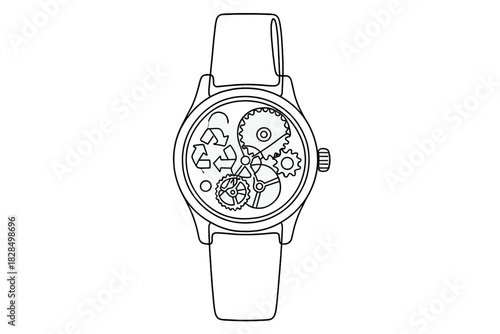 Minimalist Upcycled Watch. Upcycled watch. Minimalistic one-line drawing a sleek wristwatch with visible gears