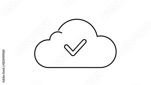 Minimal line icon of a cloud with a checkmark. Vector illustration representing successful data sync, completed backup, and verified cloud storage. eps
