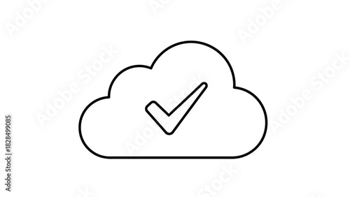 Simple line art icon of a cloud with a checkmark, symbolizing successful data backup and synchronization. Vector graphic for cloud computing services and approved online storage