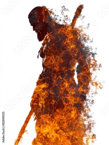 Burning Warrior: A powerful figure of a warrior, consumed by flames, embodying strength, resilience, and the relentless heat of combat.