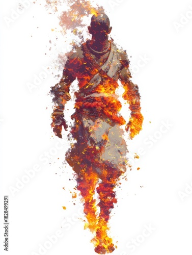 Ethereal Journey: A silhouette of a solitary figure, their form dissolving into vibrant flames, evokes a sense of transformation and spiritual exploration. The image depicts a figure in mid-motion.