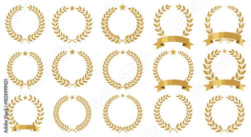 Set of elegant golden laurel wreaths, some adorned with stars and ribbons, representing success, achievement, and classic victory emblems.