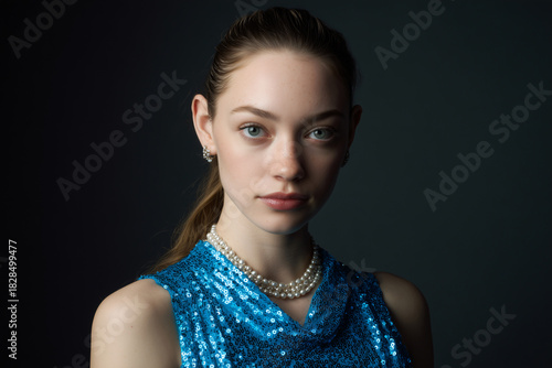 Close-up portrait of a woman in a blue dress, elegant in appearance 