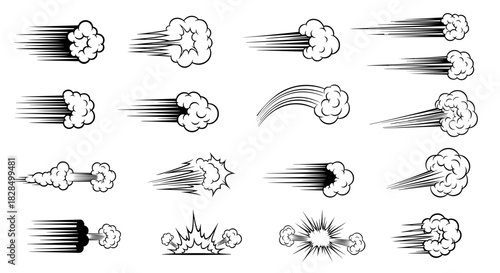 A dynamic collection of comic book style speed lines and motion effects, including smoke trails, burst impacts, and rapid movement representations.