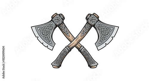 A pair of stylized battle axes, adorned with intricate Celtic knot patterns on their blades and handles, are crossed in a powerful warrior emblem.