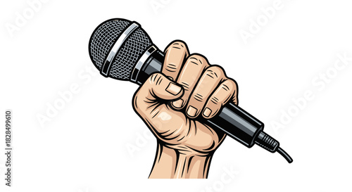 A vibrant cartoon illustration of a hand firmly grasping a microphone, ready for a powerful performance or speech, symbolizing voice and expression.