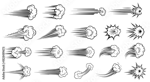Collection of comic book speed lines, motion trails, and burst effects with smoke clouds for dynamic action and fast movement.