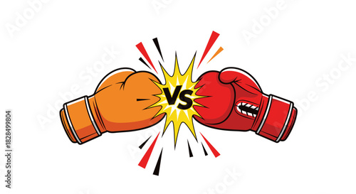 Cartoon orange and red boxing gloves clash dramatically, with a bright yellow starburst featuring 'VS' text at the center, symbolizing a competitive confrontation.