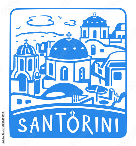 Greece, Santorini Island. Traditional white architecture and Greek Orthodox churches with blue domes over the caldera of the Aegean Sea. Vector illustration.
