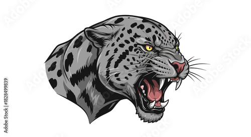 Close-up illustration of a roaring grey jaguar or leopard, displaying sharp fangs and piercing yellow eyes with an aggressive expression.