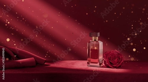 an elegant perfume bottle with luxury burgundy background with deep wine-red gradients