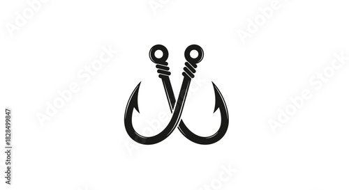 A black and white graphic illustration featuring two intertwined fishing hooks, forming a symbolic representation of angling or connection.
