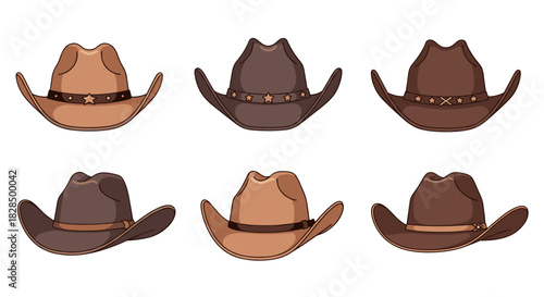 A collection of six cartoonish cowboy hats in various shades of brown, each featuring a unique band design, set against a plain white background.