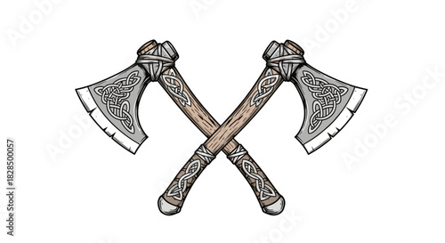 Two stylized Viking axes with Celtic knot patterns on their blades and handles are crossed against a white background, symbolizing strength and heritage.