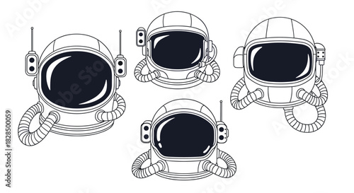 A set of four stylized line art drawings of astronaut helmets, each with a dark visor and unique details, representing space travel and exploration.
