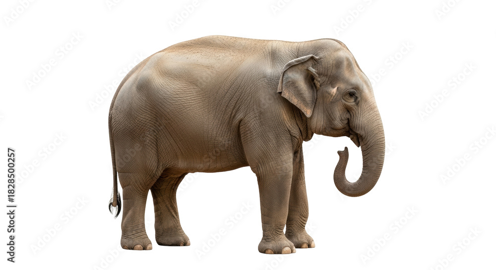 Naklejka premium Isolated Asian elephant standing tall, with wrinkled skin, facing forward, its trunk curled