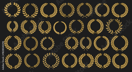 A collection of various gold laurel wreaths in different styles, symbolizing victory, achievement, and awards, set against a dark background.