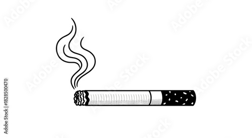 A stylized black and white illustration depicting a lit cigarette with smoke curling upwards, set against a clean white background.