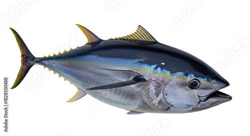Isolated yellowfin tuna swimming, vibrant marine fish against a simple backdrop, ready for design