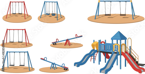 Collection of isolated colorful playground equipment including multiple swing sets, seesaws, and a large slide structure, perfect vector elements for outdoor park scenes and childhood activities.