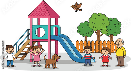 Cute Cartoon Illustration of Grandfather and Four Happy Children Playing Near a Slide Play Structure, with a Pet Dog, Trees, and a Bird in a Sunny Outdoor Playground Vector Background
