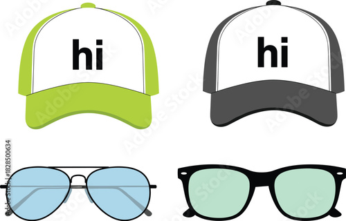 Vector Illustration Set of Baseball Caps and Sunglasses Featuring Trucker Hat Style, Aviator Glasses, and Wayfarer Frames for Casual Fashion Accessories.