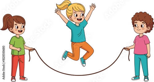 Happy diverse children playing jump rope game outdoors, cheerful kids exercising together, cartoon vector illustration of childhood activity, sport, fitness, fun, and healthy lifestyle concept.