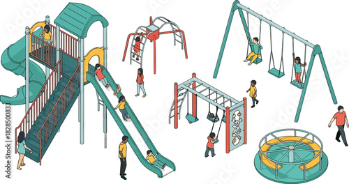 Isometric Vector Set of Diverse Children and Adults Playing on Modern Playground Equipment Including Swings, Slides, Monkey Bars, Dome Climbers, and a Merry-Go-Round for Outdoor Fun Illustration