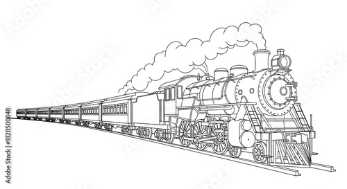 Classic steam engine pulling passenger carriages on tracks, depicted in a detailed black and white line art style for coloring.