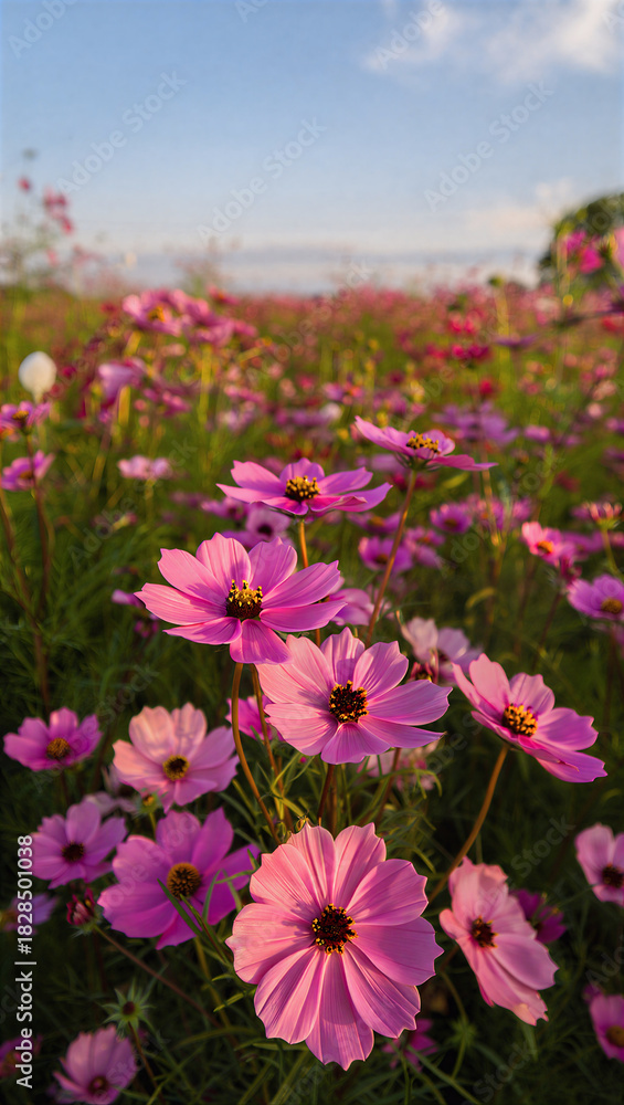 Obraz premium Pink cosmos flowers in a vibrant sunlit field under a blue sky