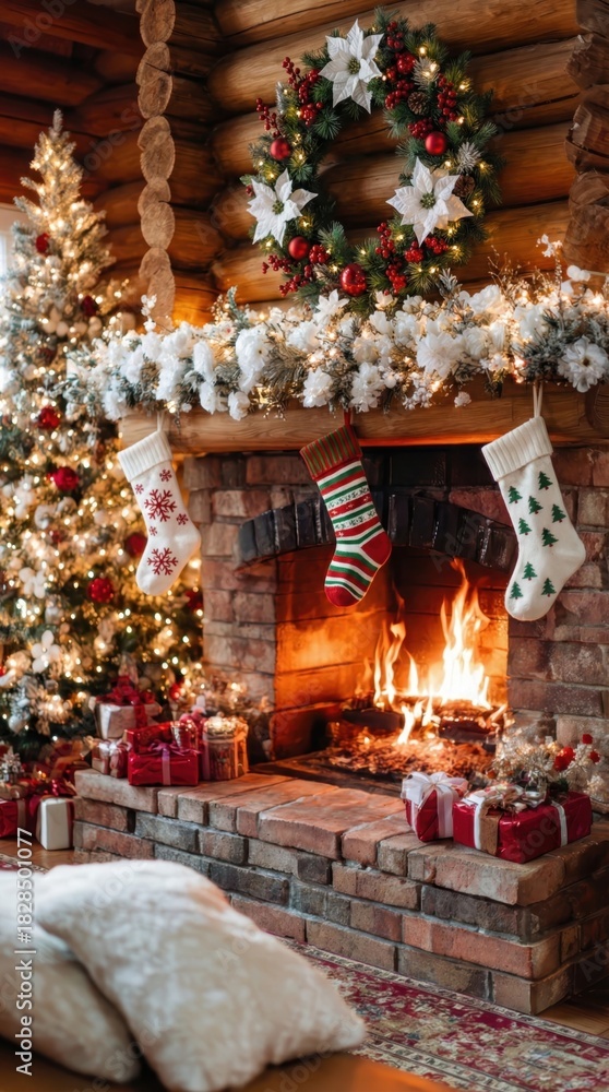 Fototapeta premium Cozy Fireplace Adorned With Festive Stockings, Colorful Presents, and a Beautifully Decorated Christmas Tree Creating a Warm Holiday Atmosphere