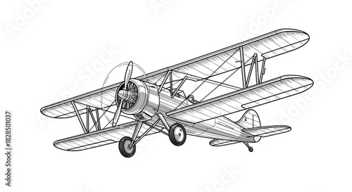 Detailed monochrome illustration of a classic vintage biplane flying, showcasing its iconic double-wing design and historical charm.