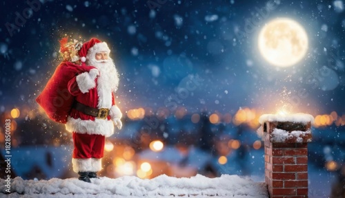 Santa Claus Visits Rooftops at Night, Delivering Gifts Under a Full Moon and Softly Falling Snow During the Holiday Season