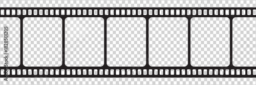 Old grunge movie film long strip, vintage filmstrip roll frame, vector photo background. Video or movie filmstrip overlay, cinema or photograph camera long film strip with transparent screen.eps10