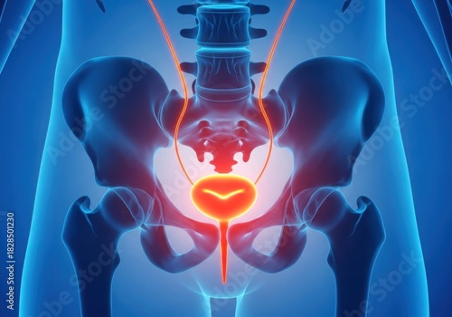 Anatomical illustration of the human pelvis and bladder isolated on white background