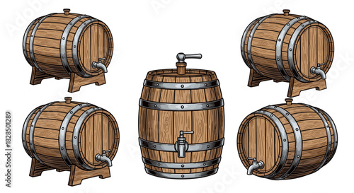 Collection of various wooden barrels and kegs, featuring metal hoops and spigots, for beverages like wine or beer.