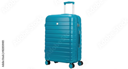 Isolated blue suitcase with wheels and handle for travel or vacation, luggage equipment