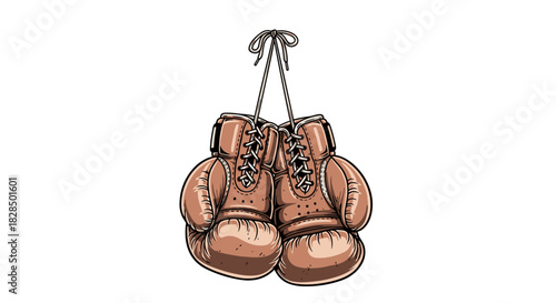 A pair of vintage-style boxing gloves, laced together and hanging, depicted in a classic athletic illustration.