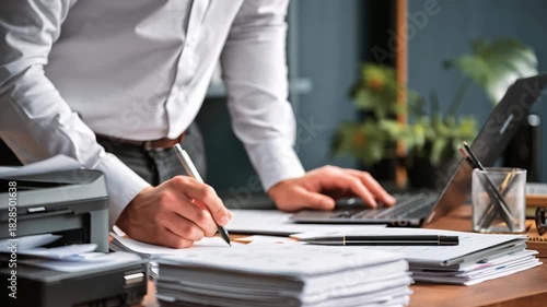 Focused businessman diligently working on a laptop, signing documents, and printing papers in a modern office setting