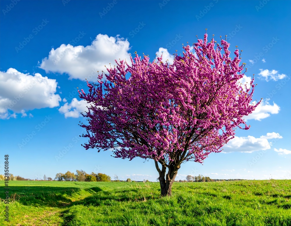 Naklejka premium Vibrant spring scene with a pink-flowering tree standing on a lush green field under a blue sky