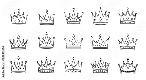 A collection of various simple line art crowns, showcasing different designs suitable for royalty, princesses, and celebratory themes.