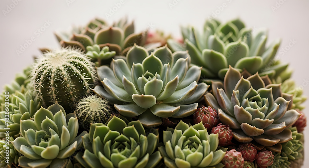 Fototapeta premium A close up of various succulents and cacti arranged together in a pleasing botanical display indoors ai generated