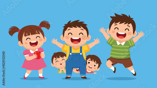 Group of cheerful cartoon children playing and laughing with big smiles, full of joy and happiness