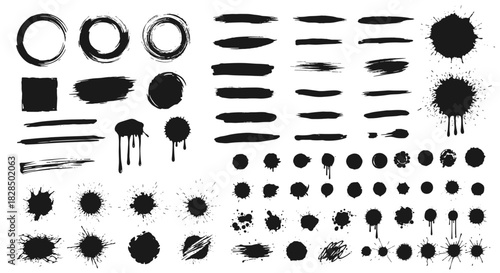 A diverse collection of black grunge brush strokes, ink splatters, and artistic elements for creative design projects.