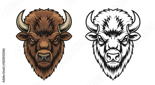 A powerful and fierce American bison head illustration in both full color and black and white, suitable for sports mascots or logos.