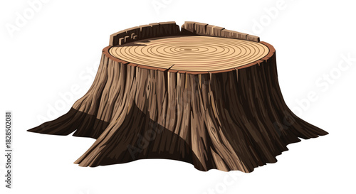 Detailed vector illustration of a robust tree stump, featuring clear annual rings, cracked wood, and textured bark, isolated against white.